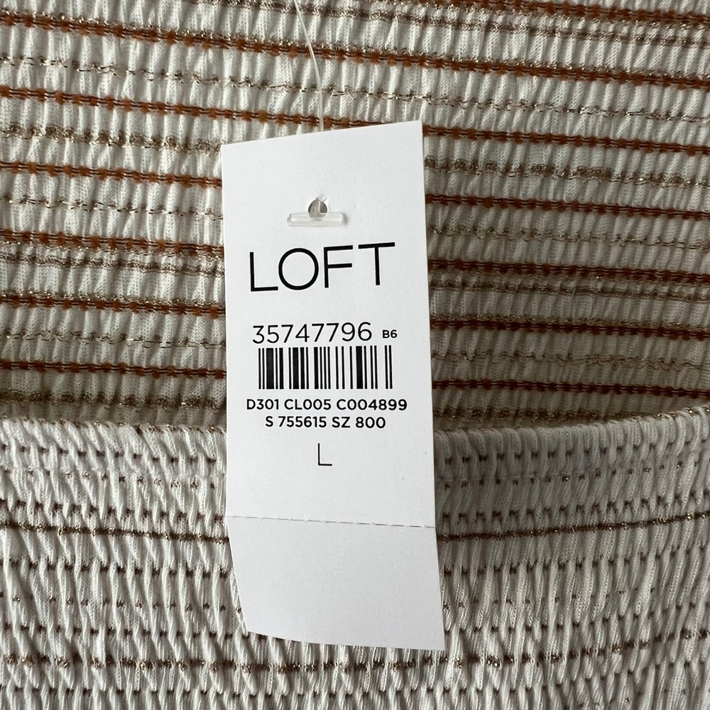 LOFT Smocked Metallic Striped Square Neck Puff Sleeve Top White Brown Gold L New - Picture 3 of 7